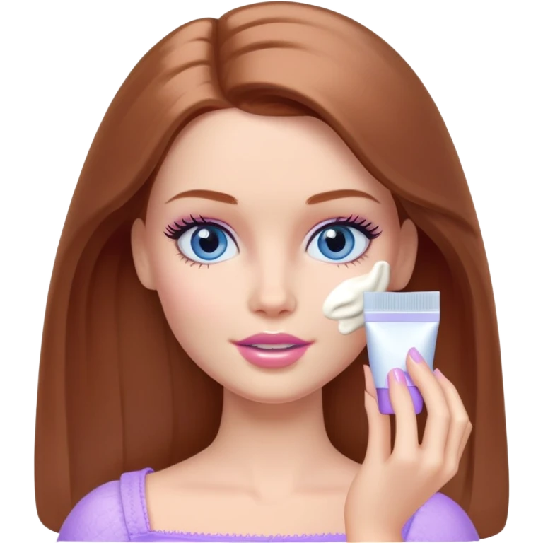 Barbie girl Chestnut Shoulder-length hair and blue eyes is In pale purple applying cream on face emoji
