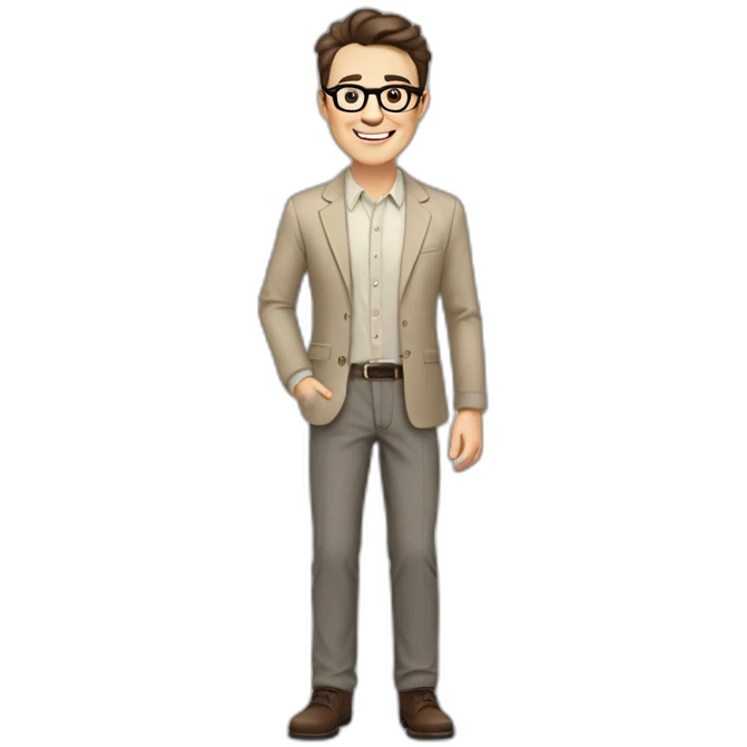 Joyful Full height Pale skinned Fit Man With dark brown hair in gray jacket, beige office shirt, Brown pants and vintage glasses. His thrumbs up emoji
