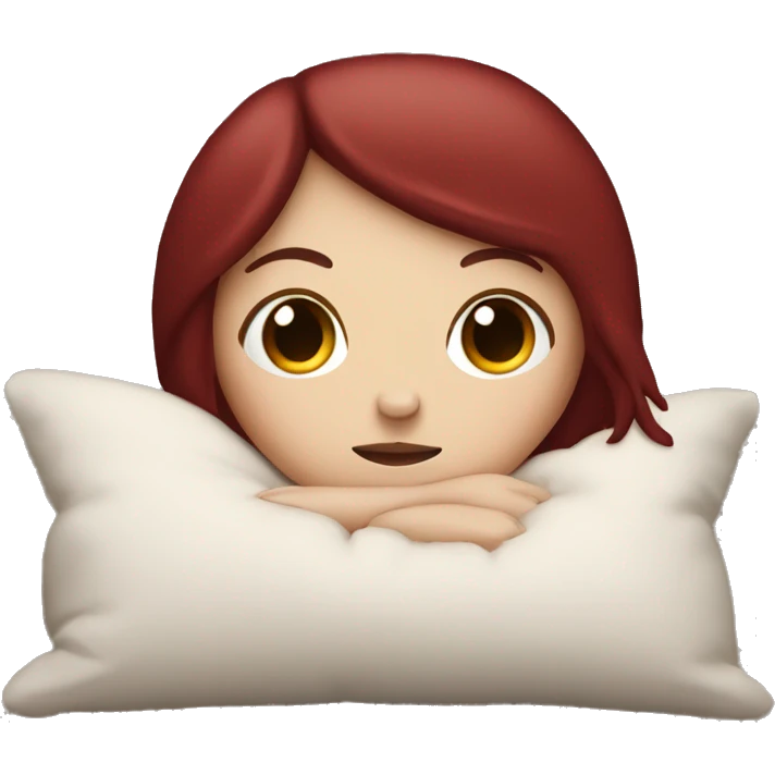 White girl with dark red hair and bangs holding pillow sleepy cozy emoji