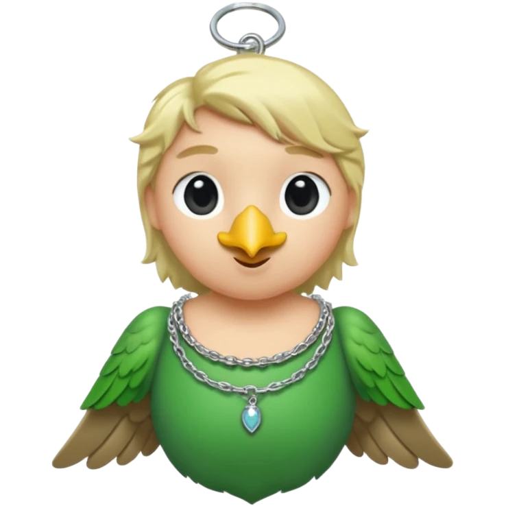 un oiseau classique tout vert avec un collier autour de son cou avec des breloque argentées et un seul poil blond qui fait une petite bouclette sur le front le collier est autour du coup de l’oiseau entre la tête et le corps emoji