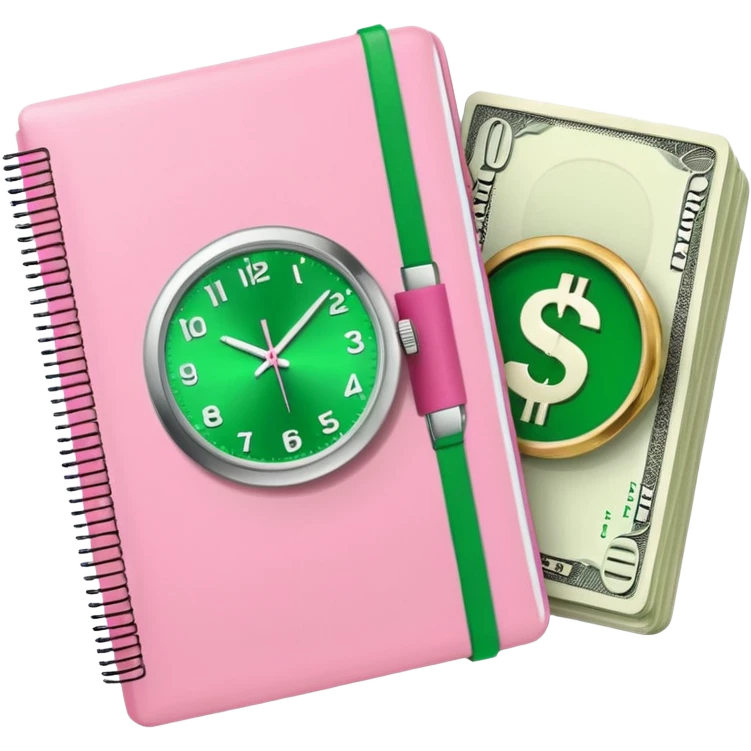 Libreta rosa, reloj femenino blanco y un dolar emoji