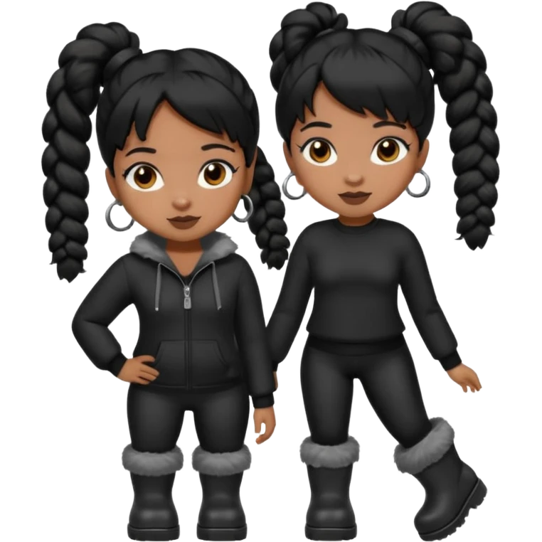 A brown skin thats slim and thick body with black hair into two pigtails and wears all black outfit with gray furry boots  emoji