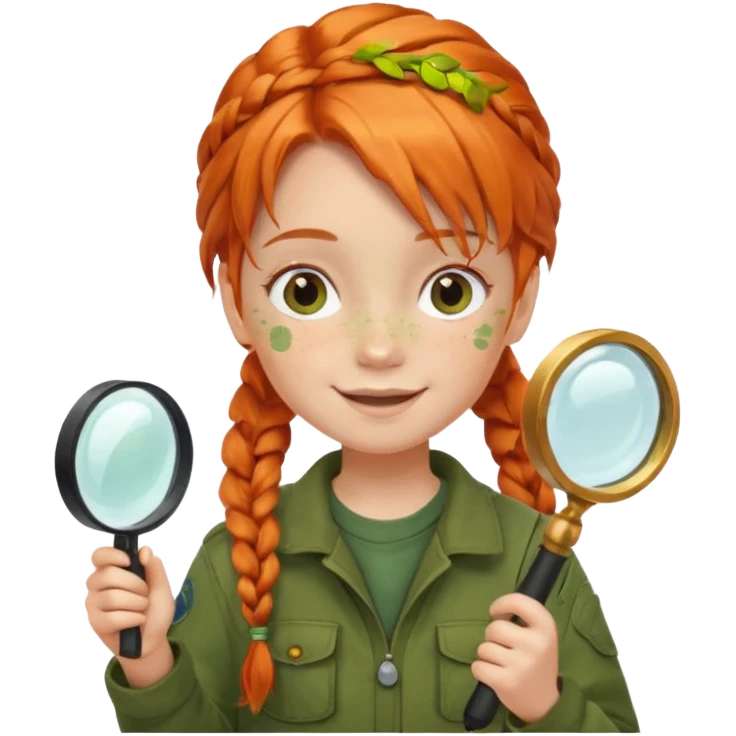 braid orange haired girl kid in moss green explorer outfit, holding magnifying glass, smile emoji