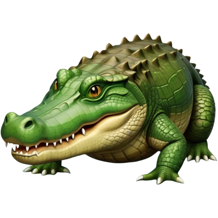 cinematic-crocodile-realistic-full-body-on all fours-emoji,-massive-scaled-body-partially-submerged-in-shallow-water,-head-tilted-dramatically,-rough-green-and-brown-hide-textured-with-deep-ridges,-simplified-yet-realistic-focused-features, head held high emoji
