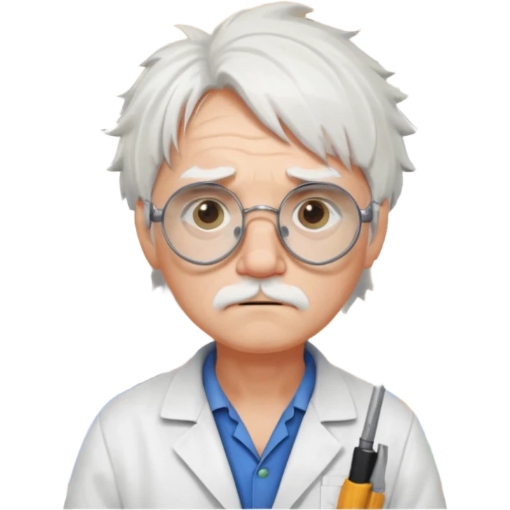 Portrait of an eccentric inventor with messy white hair, round goggles on forehead, sad face , wearing a slightly burnt lab coat, background of workshop with blueprints and tools emoji