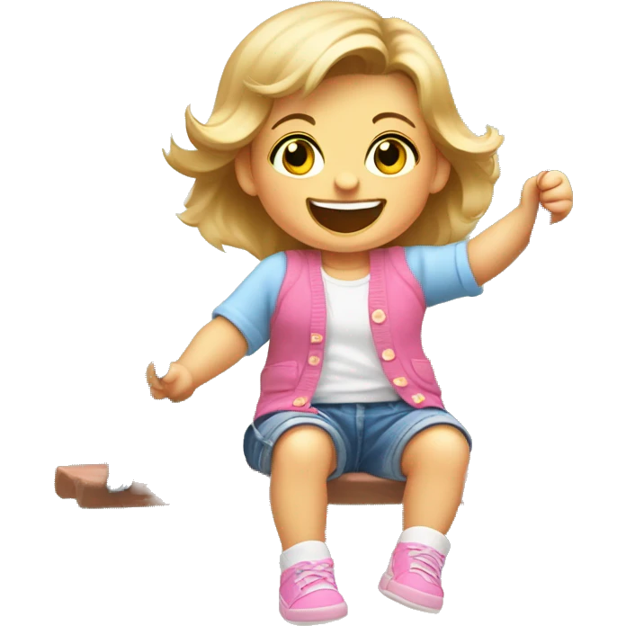 A white female baby aged 15months with browny blonde hair and blue eyes, wearing a pink Cardigan and denim shorts and blue shoes, on a swing in a park with a huge smile and smiling eyes emoji