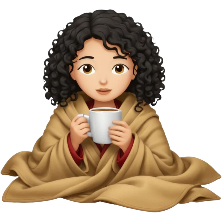 Tan light girl with curly black hair I nside a blanket sipping coffee eyes closed emoji