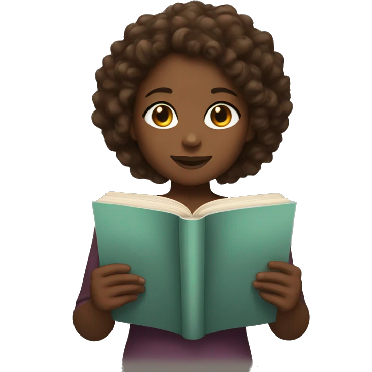 Black girl with brown curly hair reading a book emoji