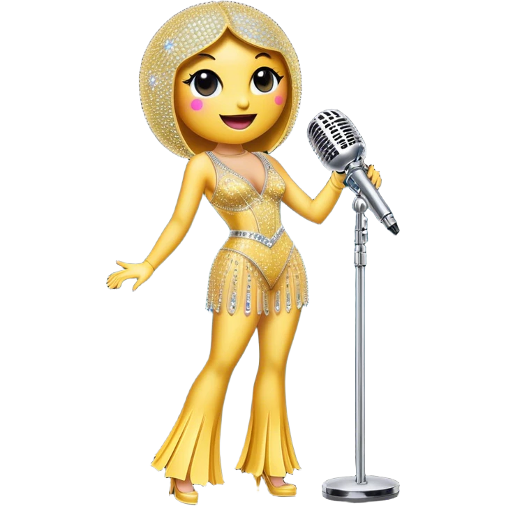 Create a glamorous and vibrant emoji representing stage vocal performance. The design should feature a humanless collage of classic vintage microphone, stage costume covered in rhinestones, large scene speakers, scene lights. The costume should be stylized, with glittering elements like sequins and sparkles, and reflect the glitzy, extravagant nature of show business. The microphone should have a sleek, retro look with chrome or metallic accents. Use rich, dazzling colors like gold, silver, deep purple, and bright red to evoke the glamorous, larger-than-life feel of a stage performance. The background should be transparent. emoji