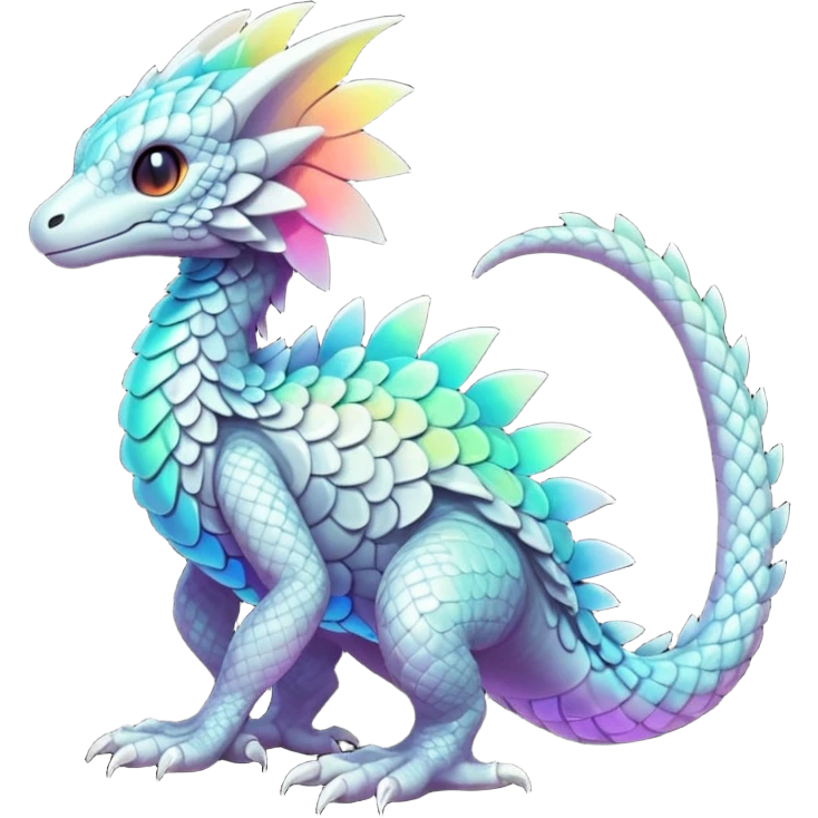futuristic lush warm-colored iridescent whitish silvery scaley neon-colored Fakémon-Trico-creature (full body) emoji