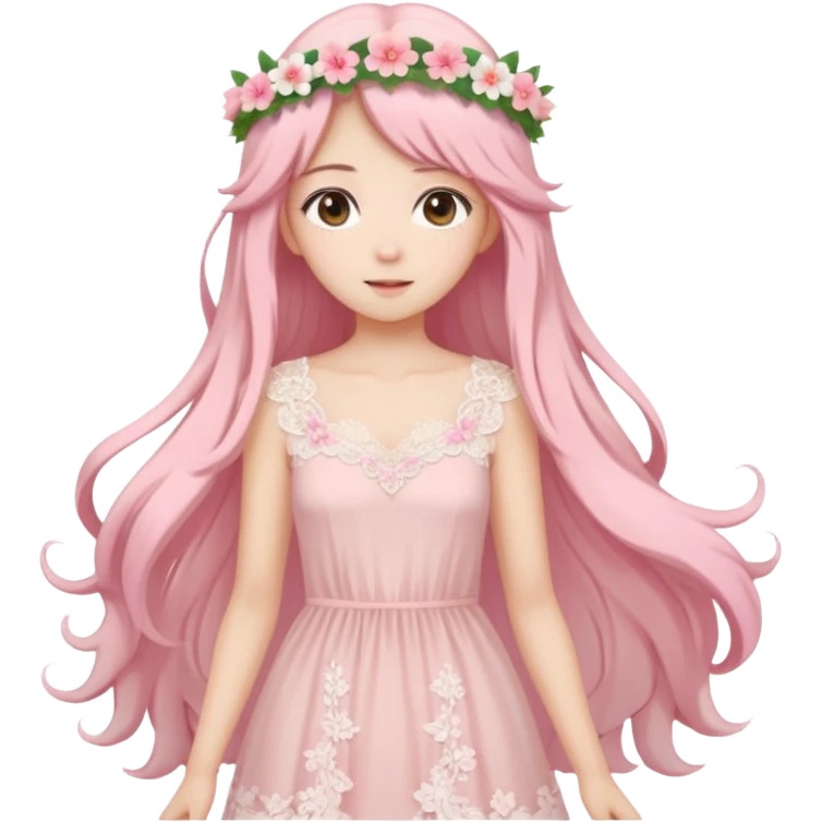 pastel anime woman with pink and white lace dress full body and long hair with flower crown emoji