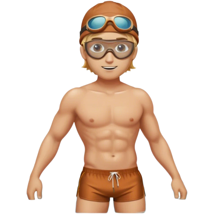 hot handsome blond Man in brown swimming shorts with cap and googles with copper hairs big body  emoji