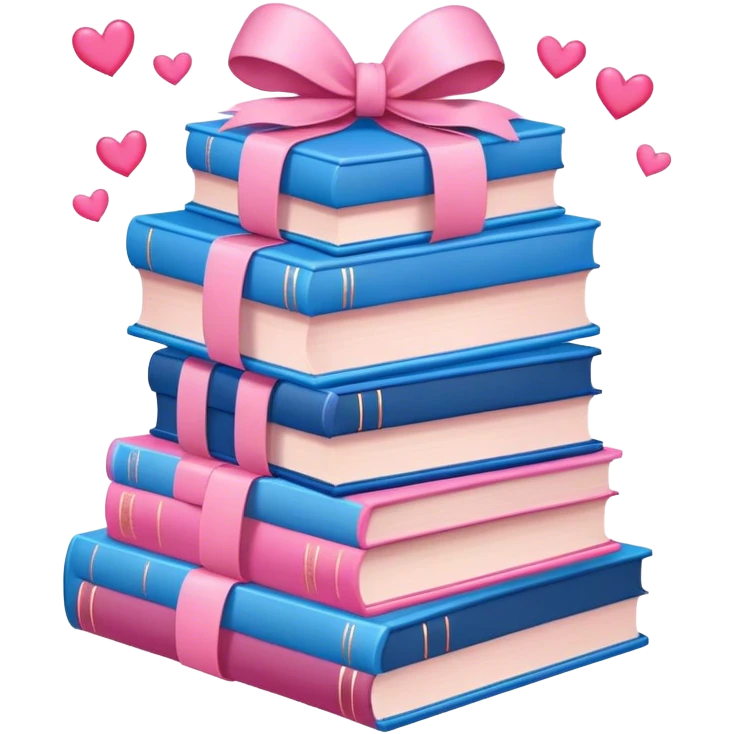 lots of romance books stacked up, pink and blue, with hearts and bows emoji