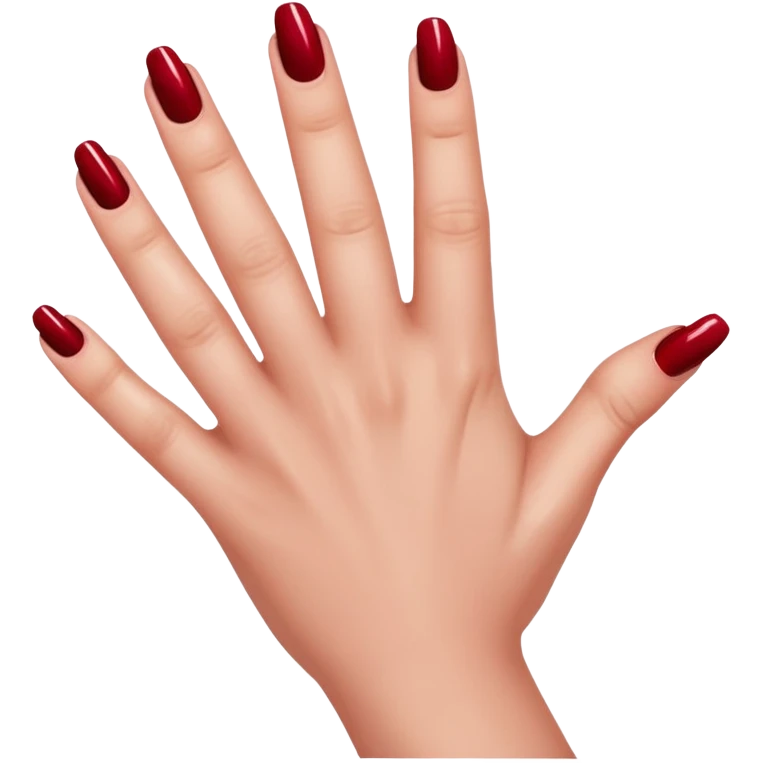 left hand of a woman with all five fingers painted in dark red nail polish, glossy finish, deep saturated red, smooth gradient, minimal details, clean and shiny
 emoji