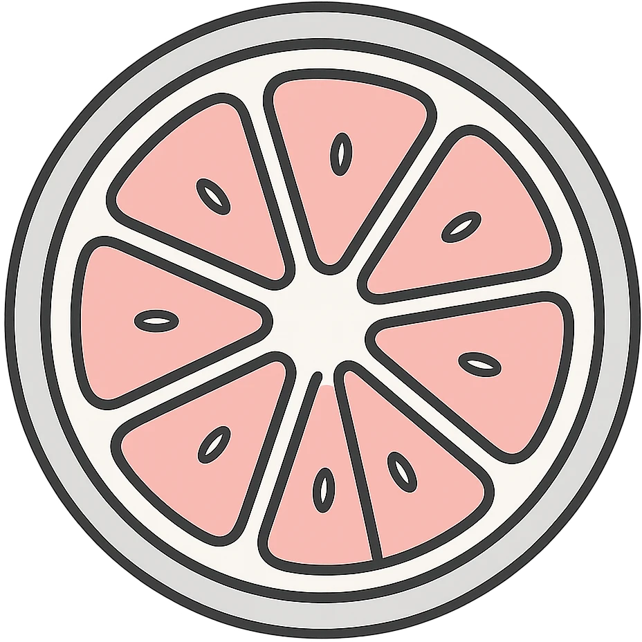 Edit the flat icon of a pink grapefruit slice, top-down view, using a different 3-4 color palette. Keep the design minimal and clean with no background. emoji