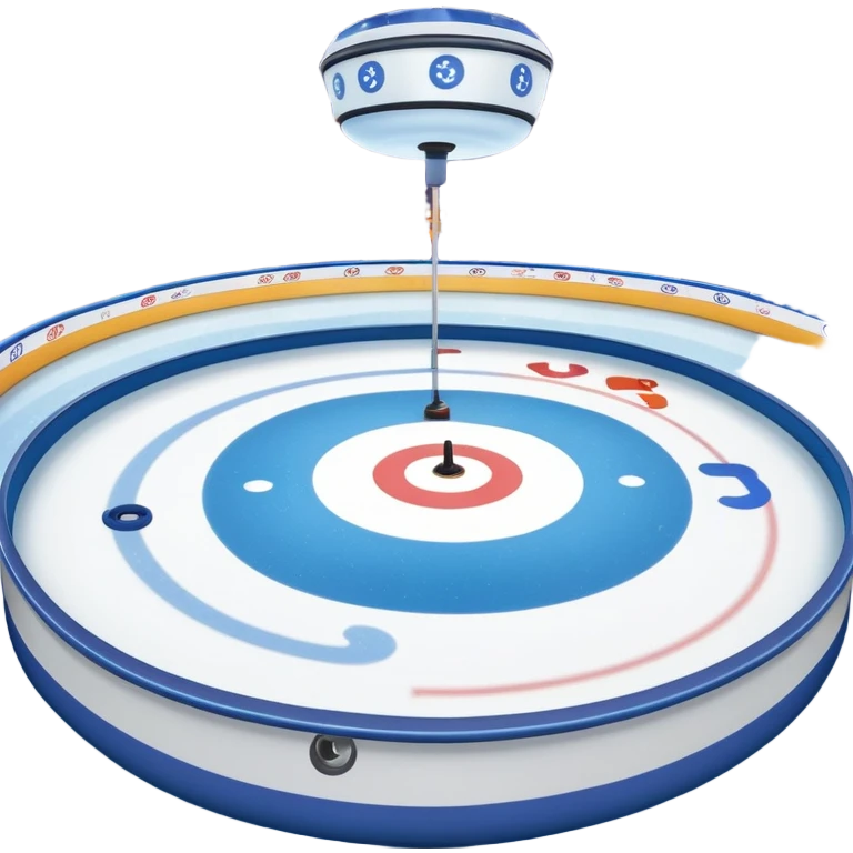 please, An icon featuring the curling rink, with its distinctive circles, and a vibrant crowd in the stands. Snowflakes fall outside the arena, and bright lights illuminate the ice. a curling stone sliding across the ice, with a broom nearby. Transparent background. emoji