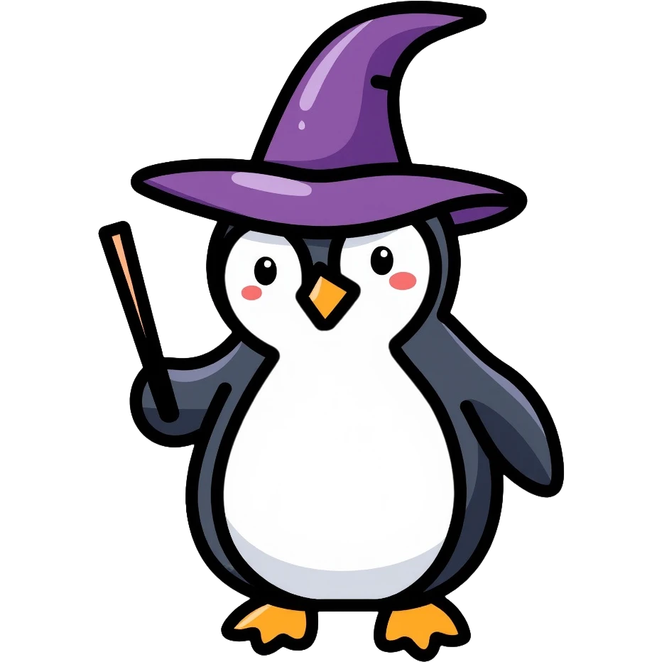 wizard penguin wearing a pointy wizard hat and holding a magic wand emoji