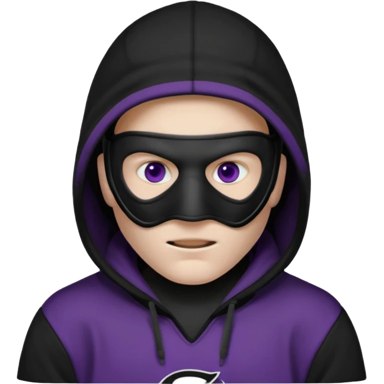 non human male cartoon character related to a shadow, with all black clothes, focusing a black hoodie, and a black hockey face mask covering his entire face, just his purple shadow eyes making a light bloom, no background emoji