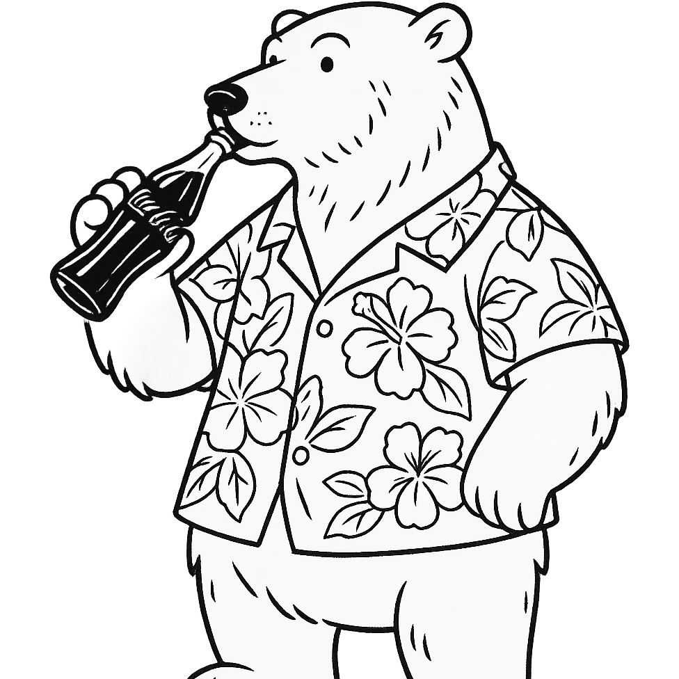 hand-drawn outline style polar bear in a Hawaiian shirt drinking Coca Cola emoji