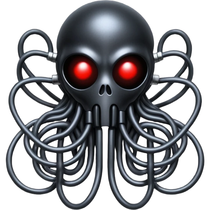 network of dark black wires and tubes forming a surreal occult creature, wrapped in black rags and bondage, Giger-inspired emoji
