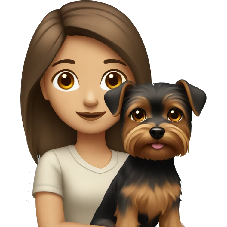 girl with brown hair and brown eyes with a Yorkshire Terrier dog emoji