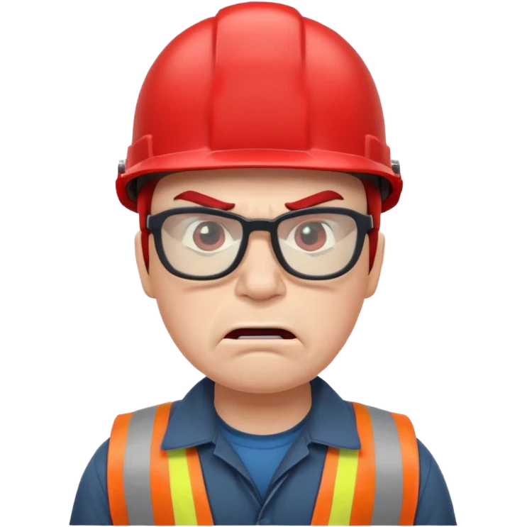 engineer with red helmet, angry expression, annoyance, furious, glasses emoji