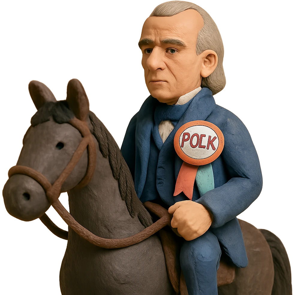Polk riding a dark horse, campaign ribbon, soft pastel colors, claymation style emoji