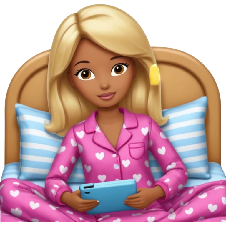 Brown skin blonde hair Barbie in pajamas in bed emoji
