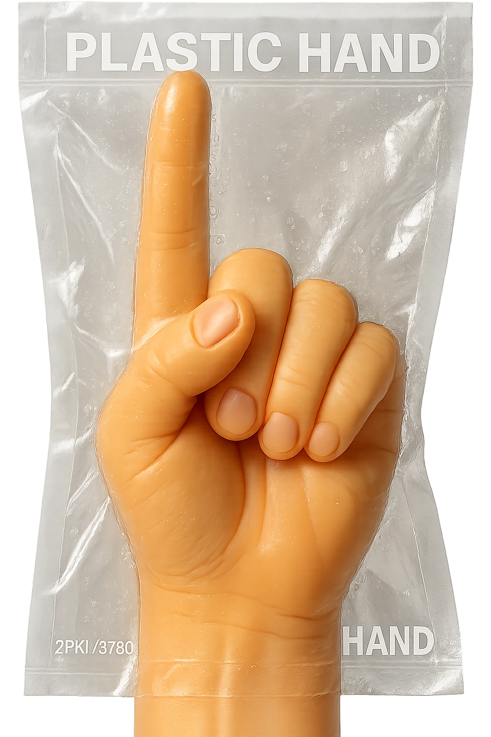 Change the hand to a light, warm beige skin tone, keeping the toy-like, soft, squishy, retro plastic look. No background, only the hand is visible, viewed from the back, standing vertical with the pointer finger extended. emoji