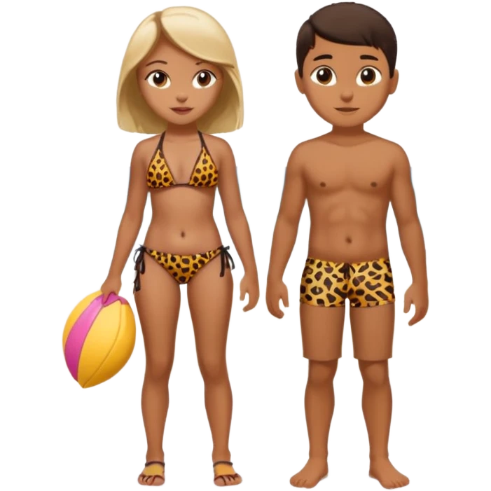 a girl wearing leopard print bikini standing with a boy wearing shorts  emoji