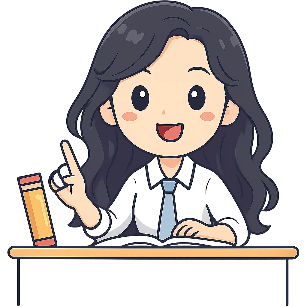 Make her hair longer, keep black wavy hair, no glasses, teaching and talking. Preserve transparent background. Maintain the original style and look of the image. emoji