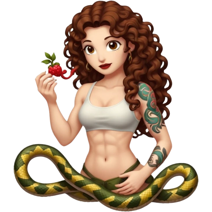 full body woman long curly brown hair brown eyes white skin tattoos muscular build feeding snake a glowing berry emoji