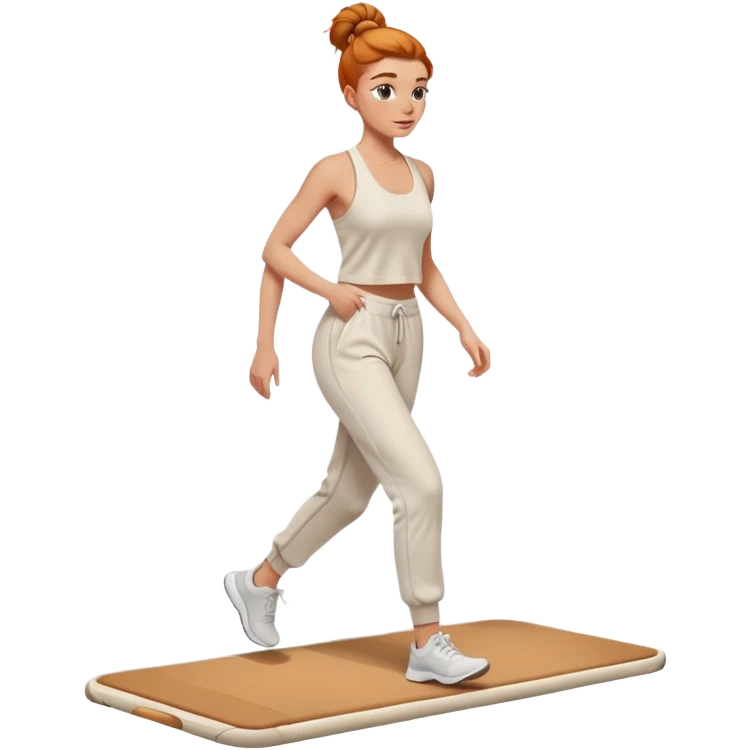 Gorgeous Ginger girl messy bun walking on walking pad cream gym outfit sweatpants emoji