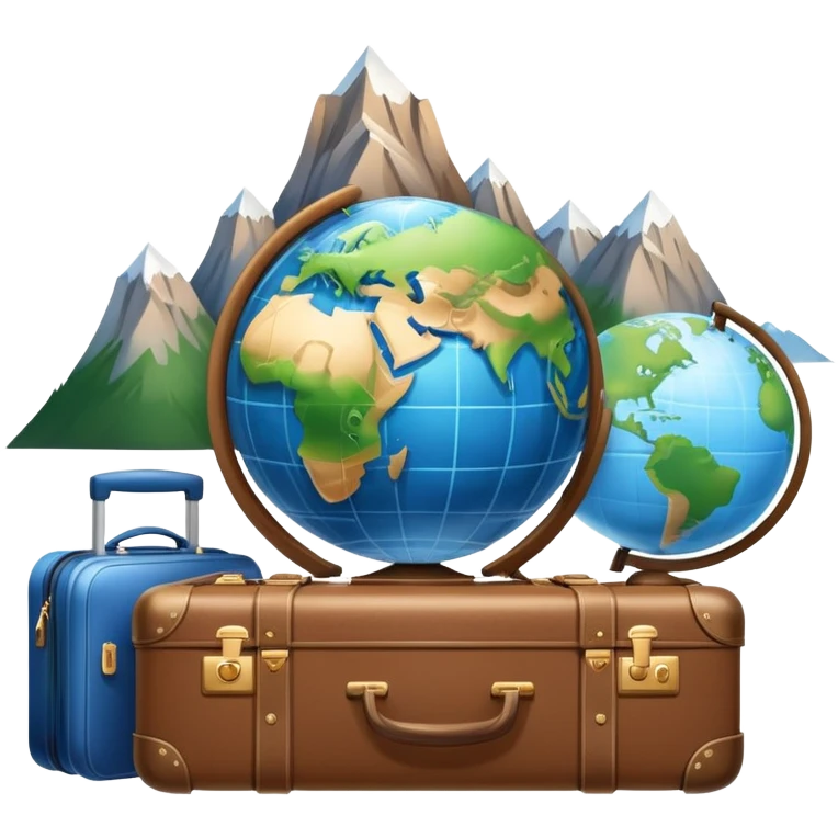 An icon featuring a suitcase, a hotel bell, and a globe, symbolizing tourism and hospitality. The design includes a scenic landmark, like a mountain or beach, and a check-in desk, representing travel and accommodation services. Transparent background emoji