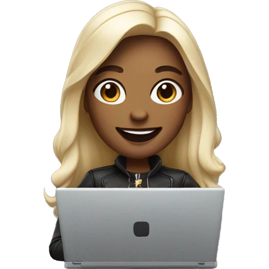 memoji of a cool woman smiling and has a laptop emoji