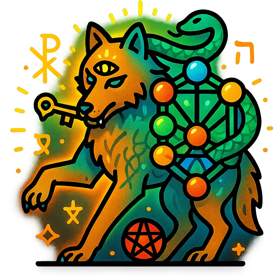 logo icon for the song 'الذيب المترنح' featuring a staggering wolf in an unsteady pose leaning to one side, holding a small key in its mouth, serpent coiled around it symbolizing Gnosticism, subtle integration of the Tree of Life from Kabbalah in the background or as part of the wolf's body, third eye on the wolf's forehead for Hermetic philosophy, small pentagram near the wolf's feet for occult science, vibrant shiny striking colors gold silver bright blue green red orange with high contrast and glowing effects, luminous aura surrounding the wolf, subtle Hebrew letters and occult symbols for depth, clean precise lines, balanced composition, scalable vector icon, compatible with light and dark backgrounds emoji