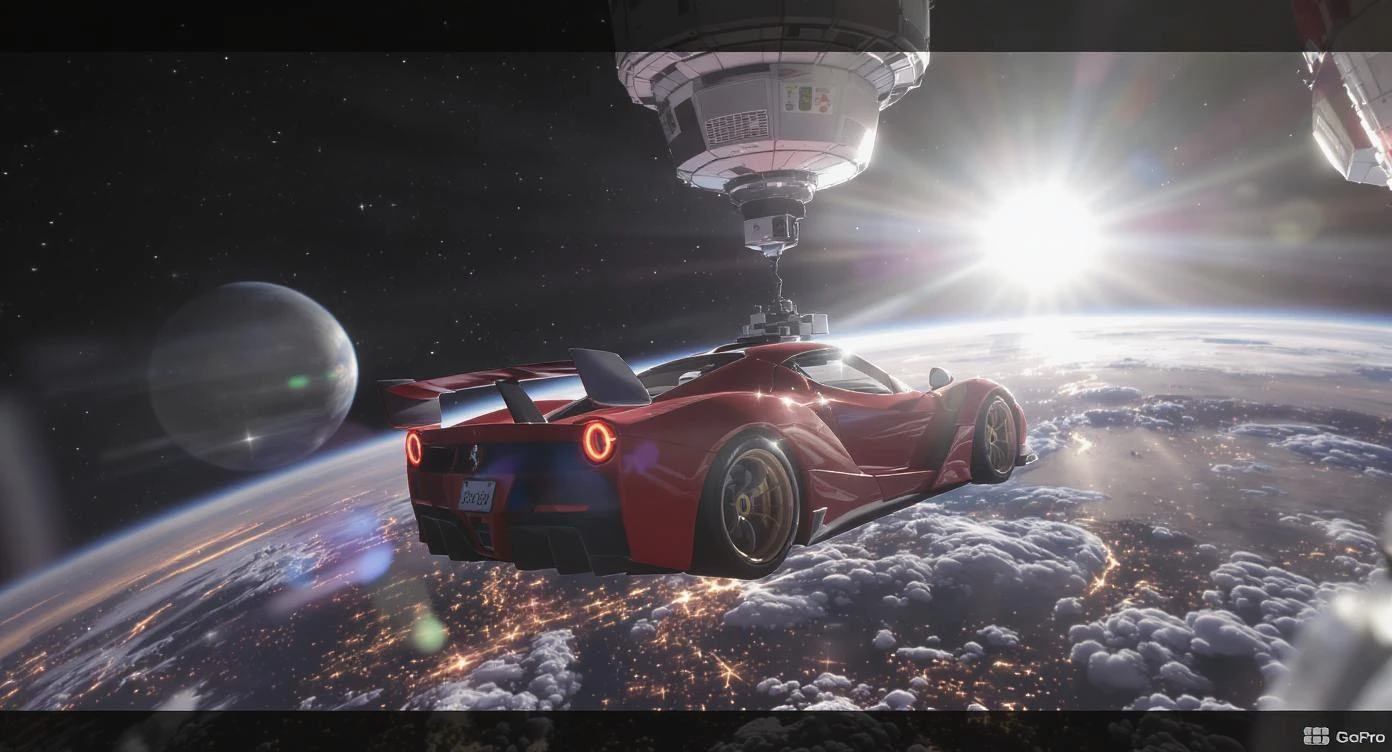 Cinematic still of a ferrari f40 floating in space, shot by space camera connect to spaceship, sun flare, big earth in background, captured by gopro emoji
