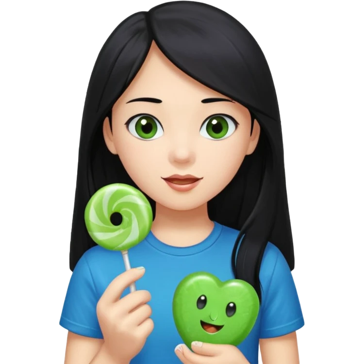 A girl with long black hair and black eyes wearing a blue t-shirt holding a piece of green hard candy in one hand and a green candy wrapper showing a guava on it in the other hand emoji