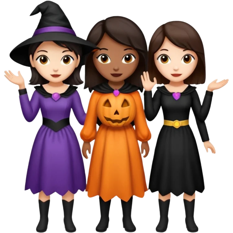 Three best girlfriends cute Halloween with dark brown hair. One African-American, one Asian, one Caucasian. emoji