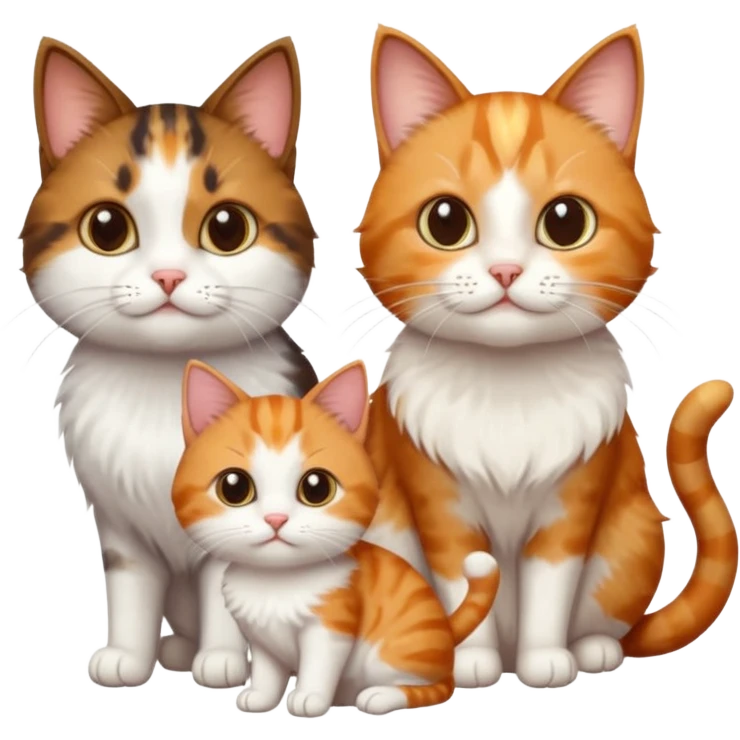 3 different coloured small cats including a dark brown tabby and white, and a patchy calico, and a ginger and white emoji
