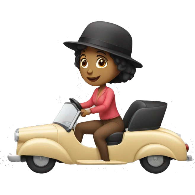 Black hair girl riding in a car with hat on her head  emoji