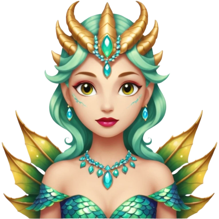Am amazing blend of a half dragon woman with glittering jeweled scales covering her body. She has large almond shaped eyes, lush lips, and she wears a stunning luminescent gown. emoji