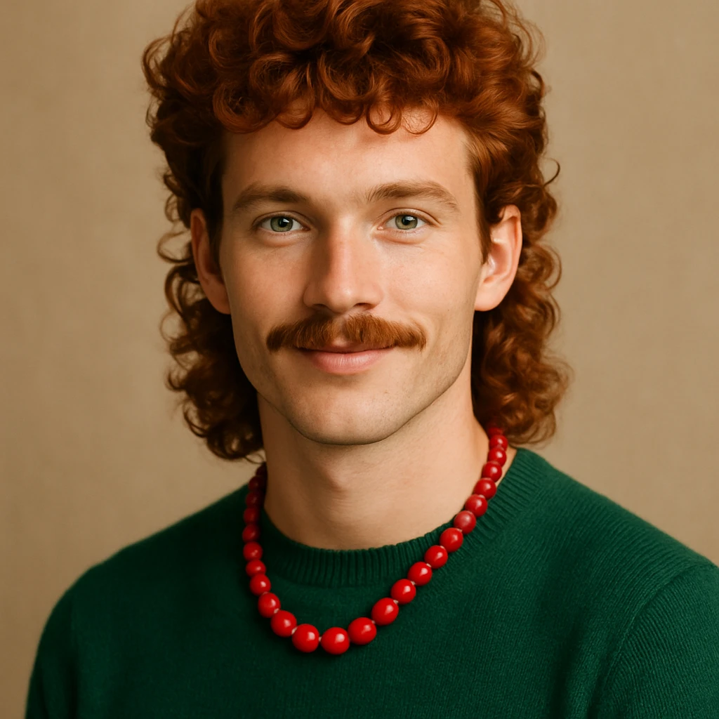 handsome red-haired man with curly mullet and mustache, green sweater, red necklace, stylish and charming emoji