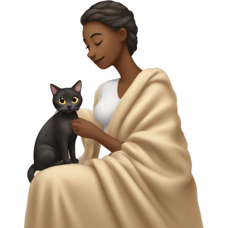 pretty woman petting cat in beige blanket emoji