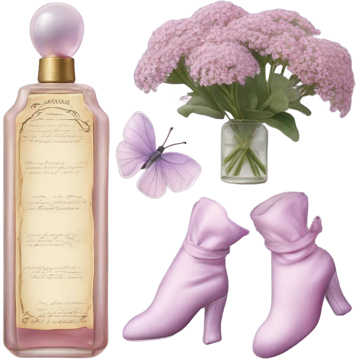 Aesthetic setup of pastel pink alyssum, a charming antique violet perfume bottle, a romantic letter, and lilac velvet gloves. emoji