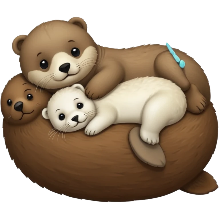 tiny white seal laying on a big brown bear’s belly emoji