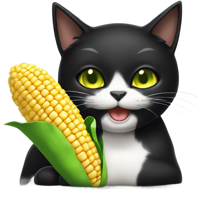 Black cat with green/yellow eyes next to a cob of corn emoji