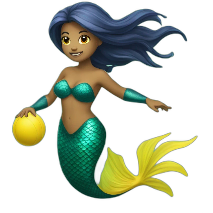 Underwater mermaid swimming with fins, snorkel equipement, holding a small yellow ball, looking strong and fighting emoji