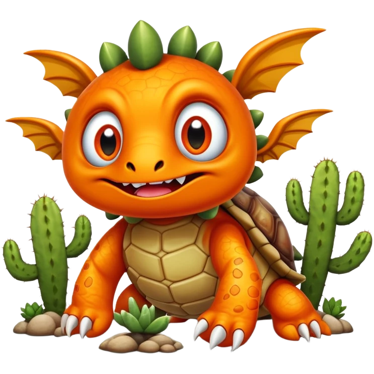 An orange creature with fangs, alien googly eyes, claws, wings, with white dots, and a turtle shell. it looks strong. with a lion face and cactus hands emoji