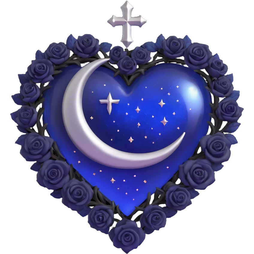 gothic heart made of midnight blue glass with silver crescent moon, tiny black roses, shimmering stardust, swirling galaxy background, rain-soaked look, glowing rune pattern emoji